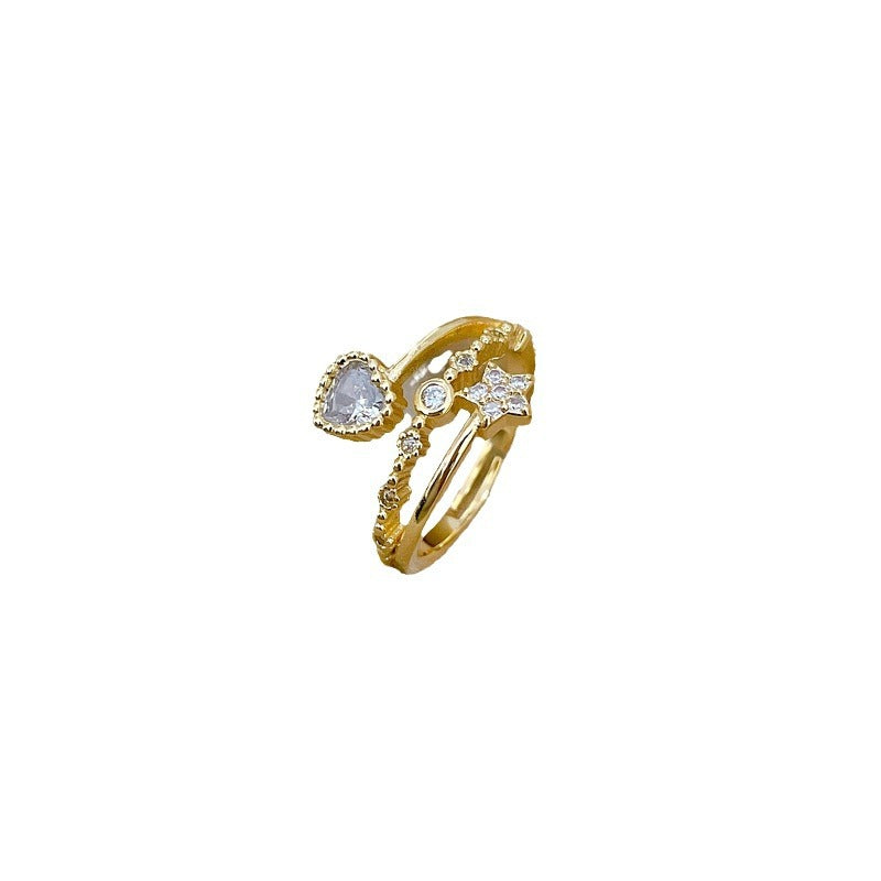 Kawaii Fresh and Sweet Plated Brass Heart Star Ring Adjustable Minimalist Jewelry for Women