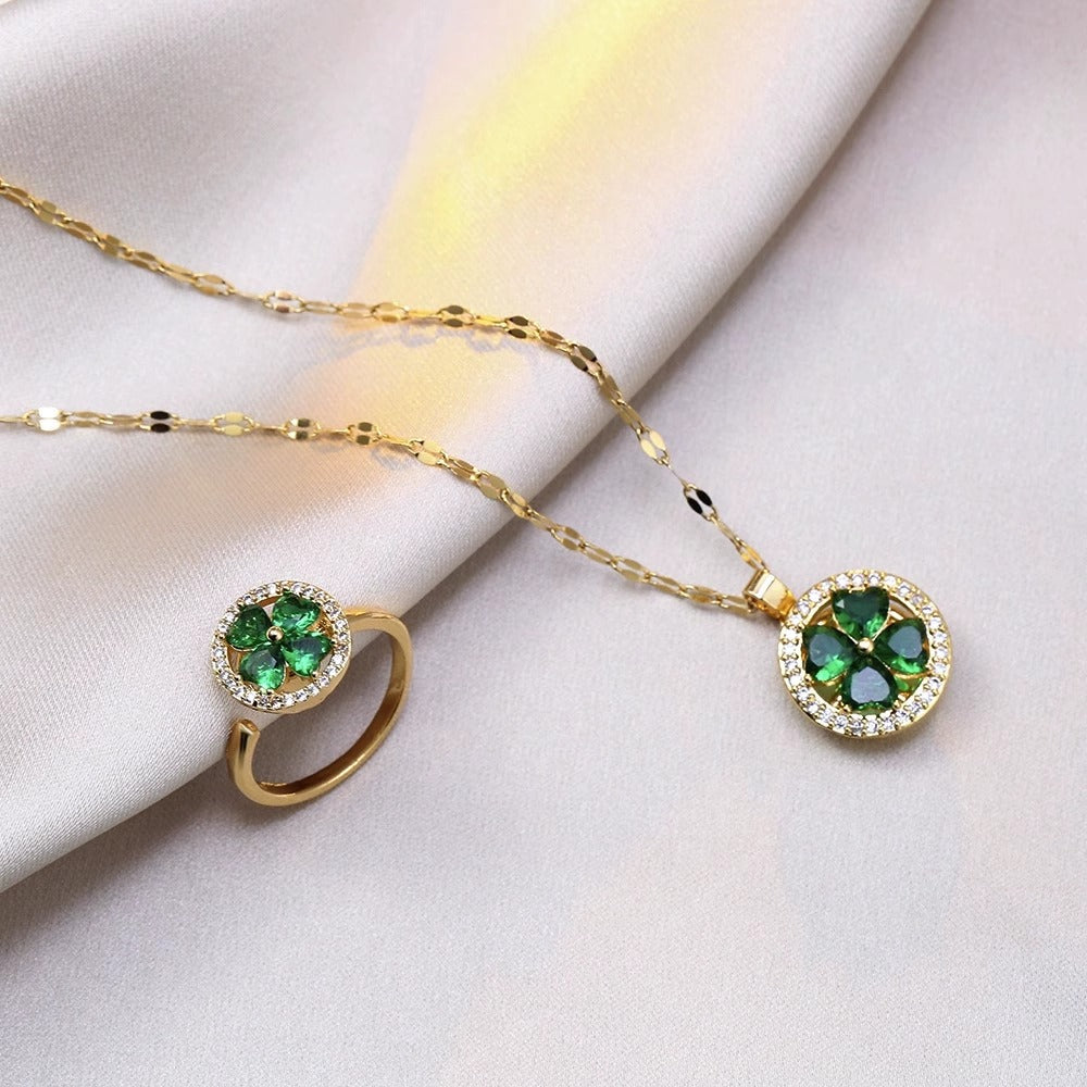 Set collana minimalista con anello rotante, catena in acciaio al titanio e zirconi micro-incastonati, da donna