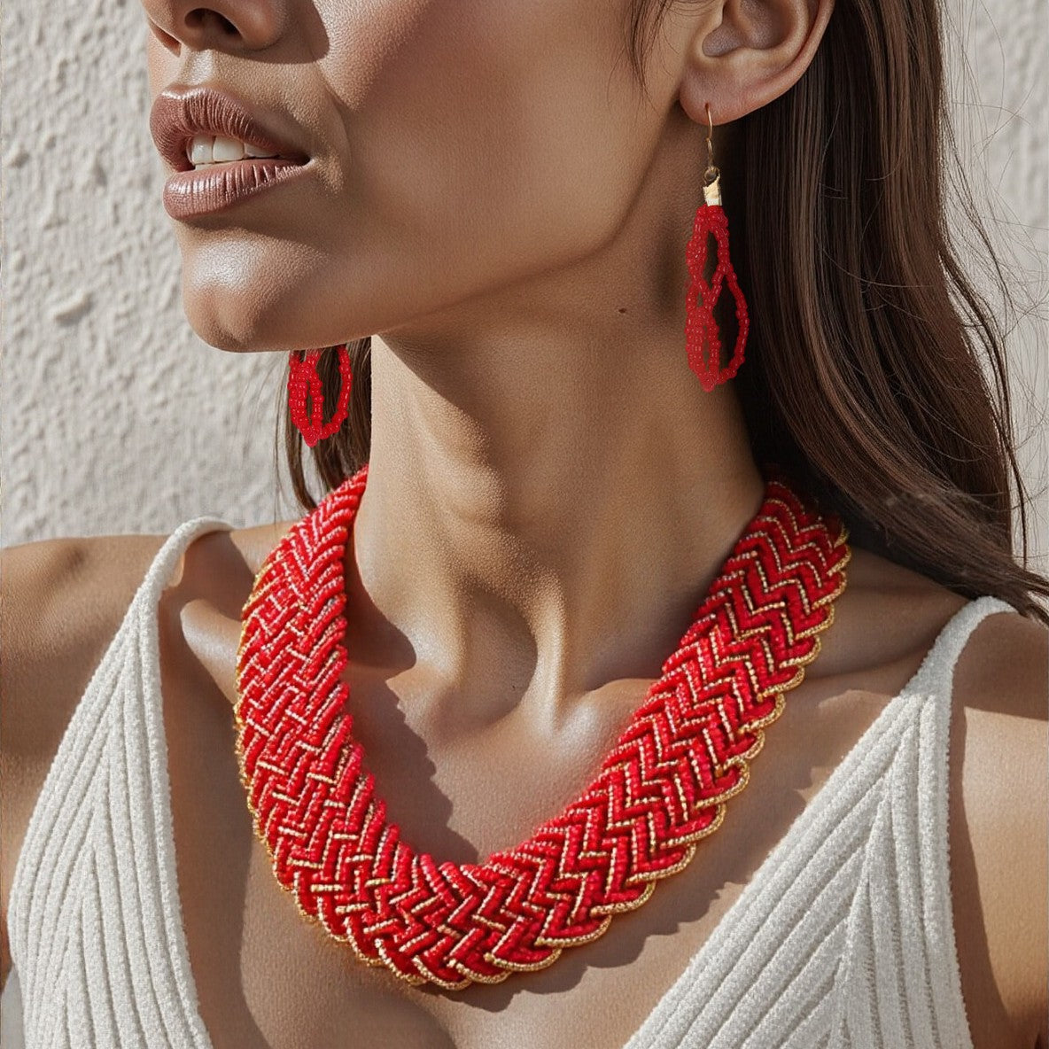 Bohemian Style Braided Rope Resin Necklace Set with Mesh Pattern and Hand-Strung Beads for Women