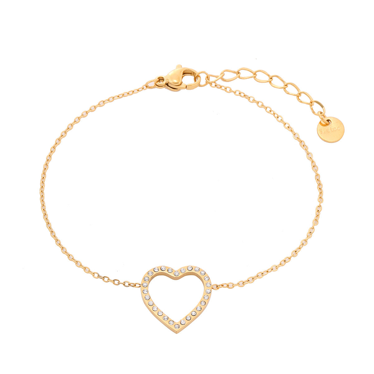 Bracciale da donna in acciaio inossidabile a forma di cuore cavo, alla moda e minimalista, con strass micro-incastonati e finitura placcata