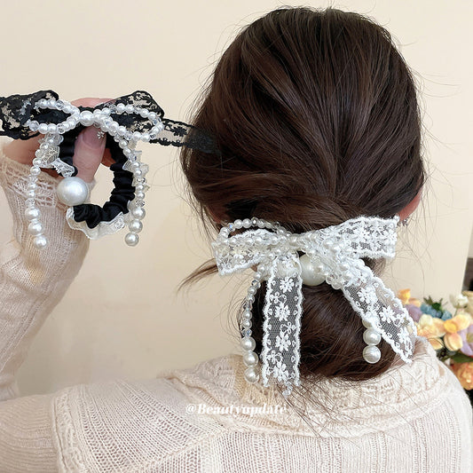 Elegante Elastico per Capelli in Tessuto a Forma di Fiocco con Perle Imitazione per Donna, Chiusura Magnetica, Fatto a Mano, Versatile Fermacoda dal Tocco Lussuoso