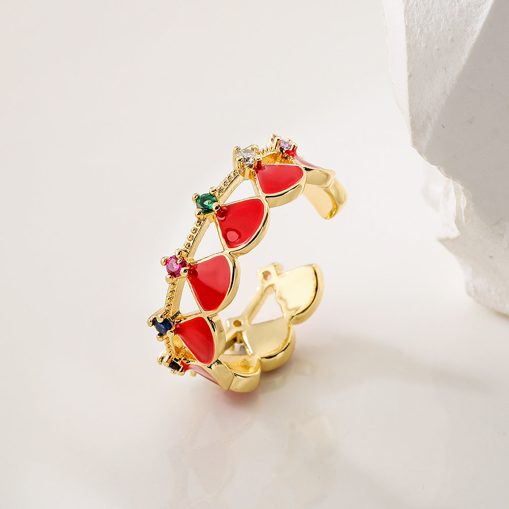 Anello Aperto Geometrico da Donna con Base in Rame Placcato in Oro 18K e Intarsio in Zirconia Smaltata