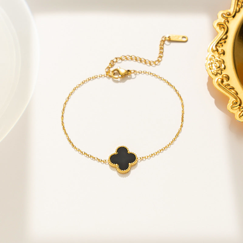 Minimalist Four-Leaf Clover Bracelet in Titanium Steel with Electroplated Finish for Women and Unisex Wear