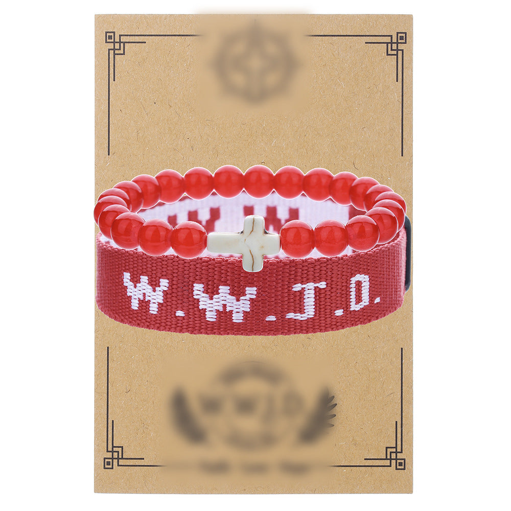 WWJD Letter Cross Turquoise Pearl Crystal Resin Beaded Bracelet Set