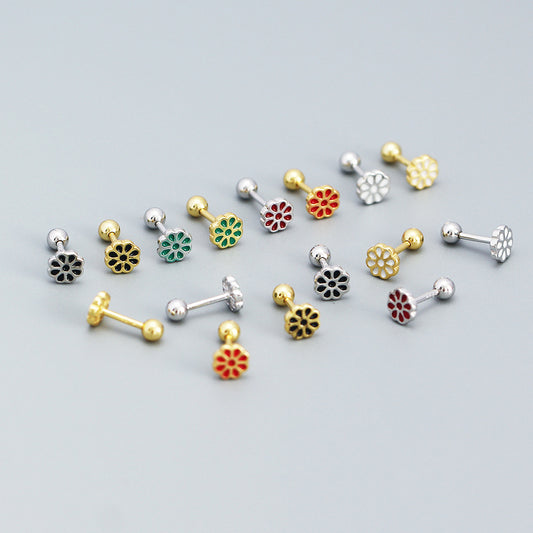 Pendientes Florales Minimalistas para Mujer de Plata de Ley 925 con Diseño de Flor Esmaltada
