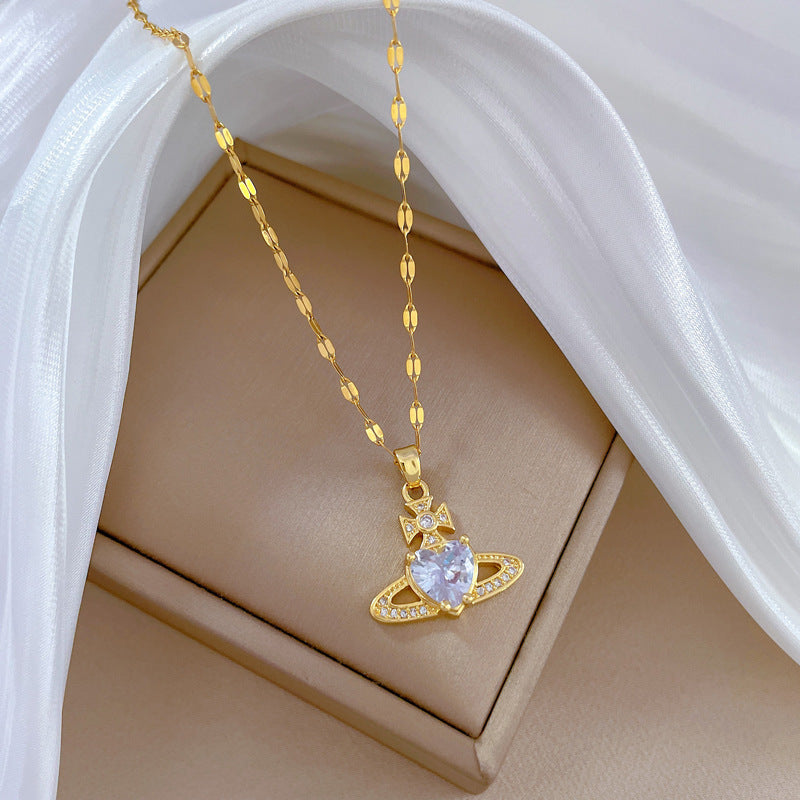 Collana con ciondolo a luna e cuore geometrico minimalista in acciaio al titanio con strass completi per uomo e donna