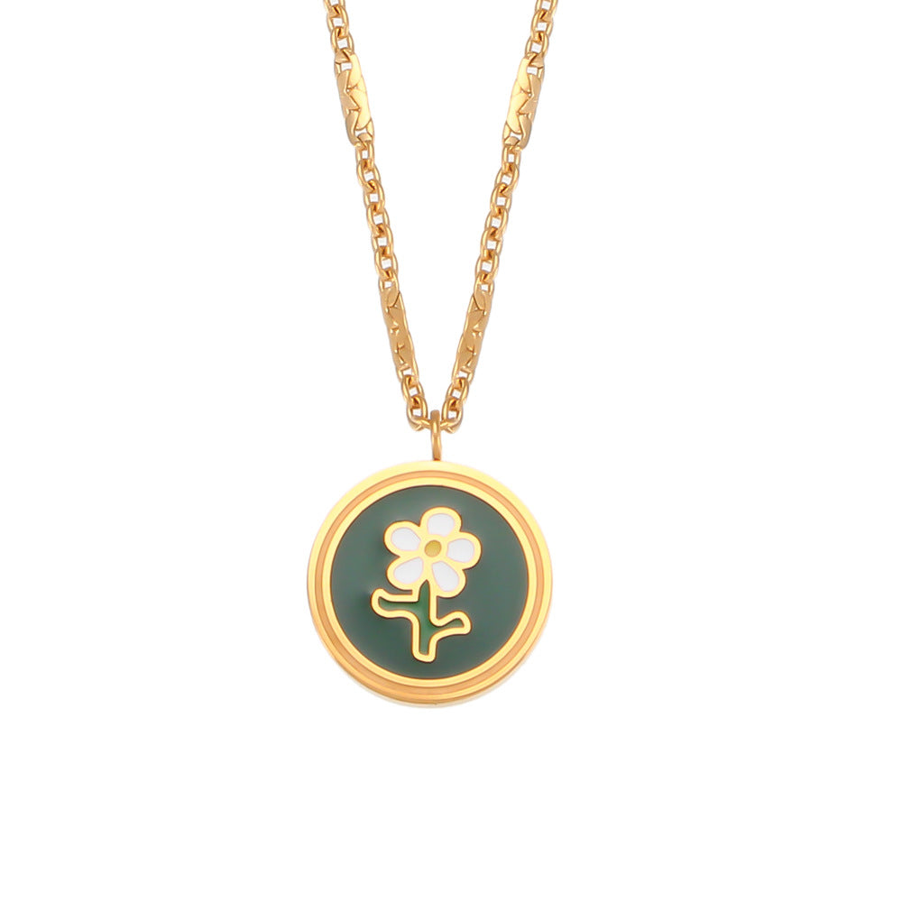 Collana con ciondolo a forma di fiore piccolo geometrico in smalto verde, stile Y2K alla moda, in acciaio inossidabile placcato oro 18K da donna
