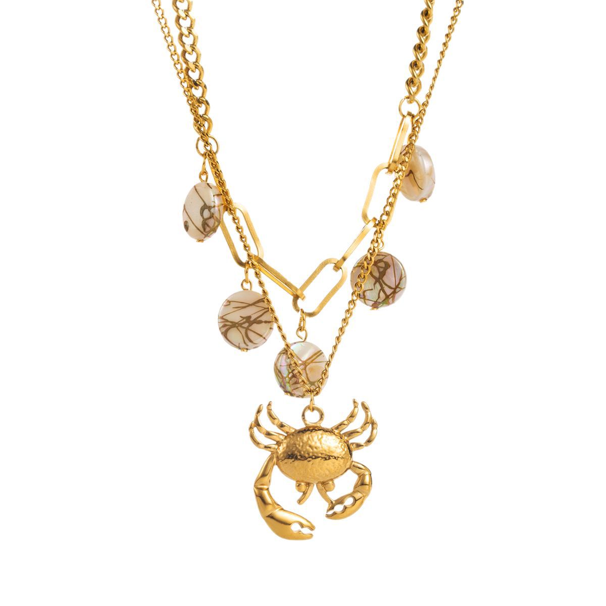 Collana con ciondolo a forma di granchio in stile vacanza in acciaio inossidabile con intarsio in conchiglia, design geometrico, placcato oro, catena per clavicola da donna