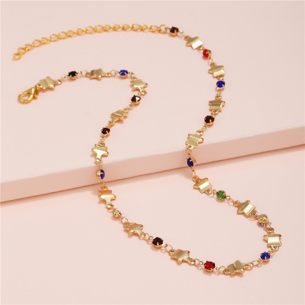 Creative Colorful Rhinestone Star Geometric Alloy Plated Ball Chain Necklace for Women