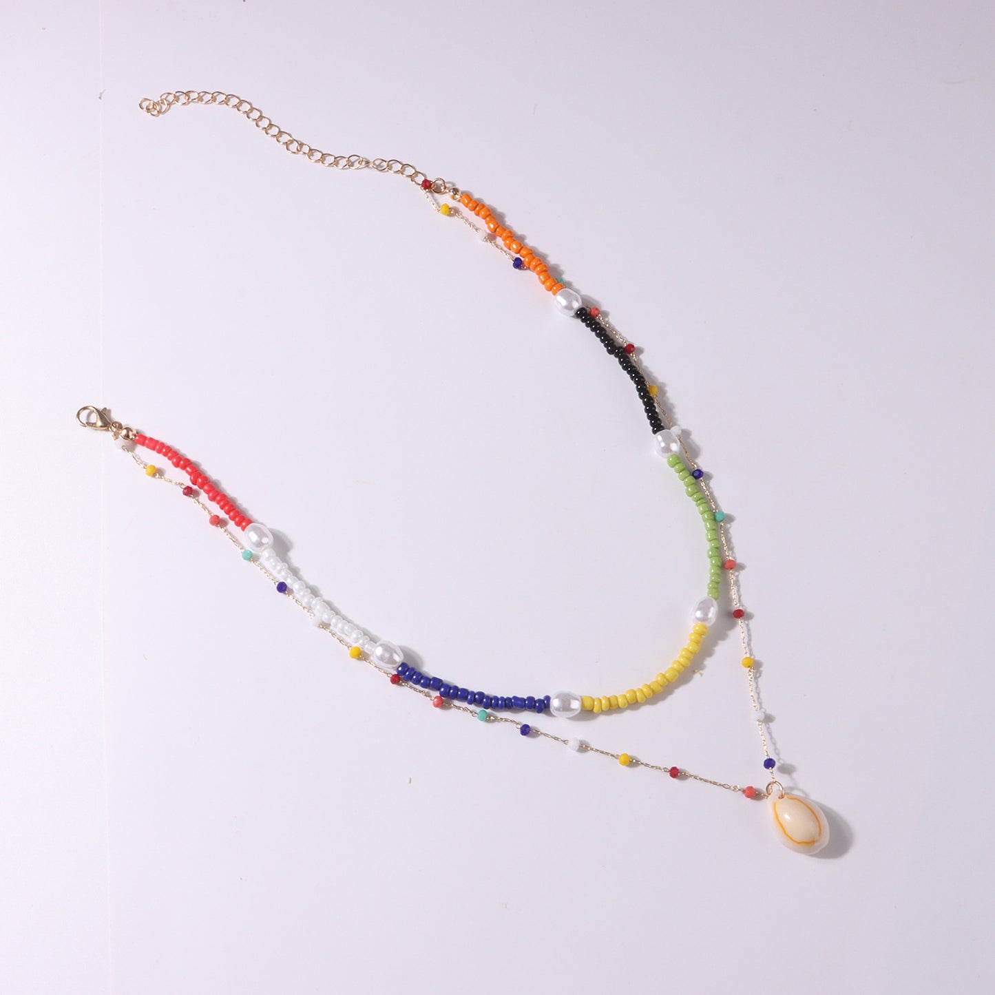 Minimalist Geometric Beaded Shell Pendant Necklace for Women with Pearl and Colorful Beads on Ball Chain