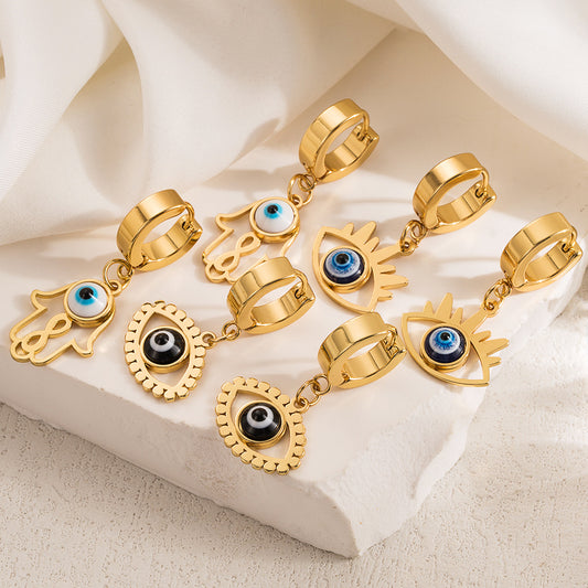 Pendientes de acero inoxidable geométricos dulces y atrevidos con forma de ojo de demonio para mujer con acabado chapado