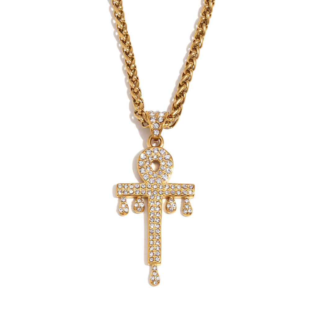 Collar con colgante en forma de llave minimalista para mujer, de acero inoxidable con chapado en oro de 18 quilates y incrustaciones completas de diamantes de imitación en cadena trenzada