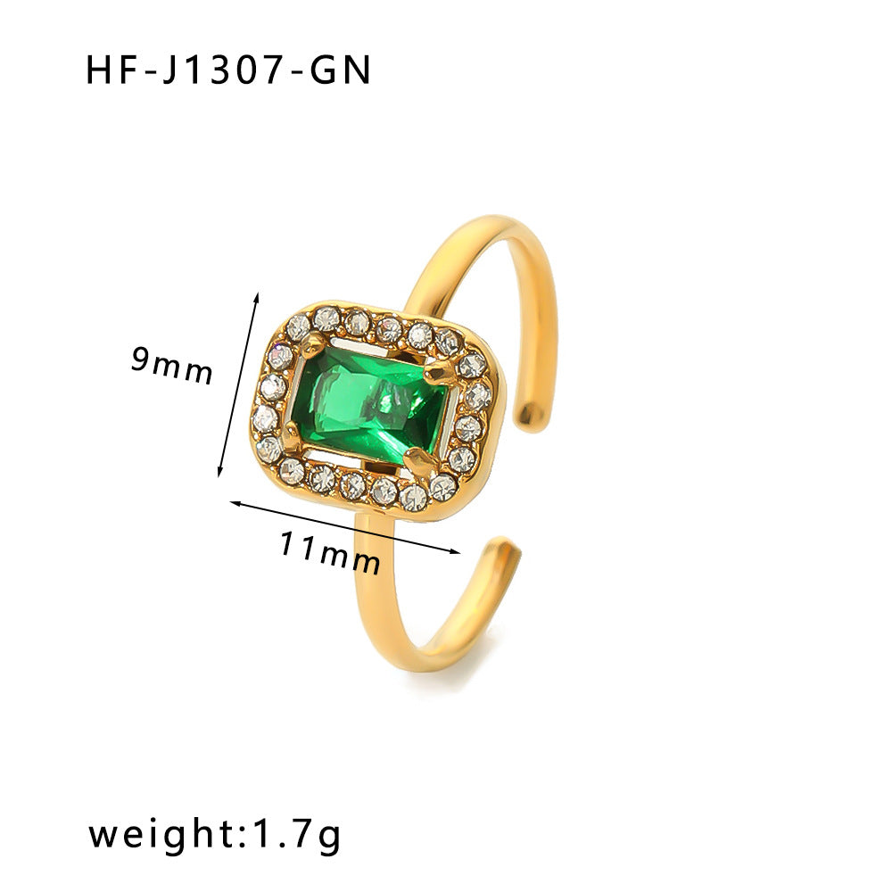 Vintage Stainless Steel Heart-Shaped Geometric Ring with Zircon Inlay and 18K Vacuum Plating for Women