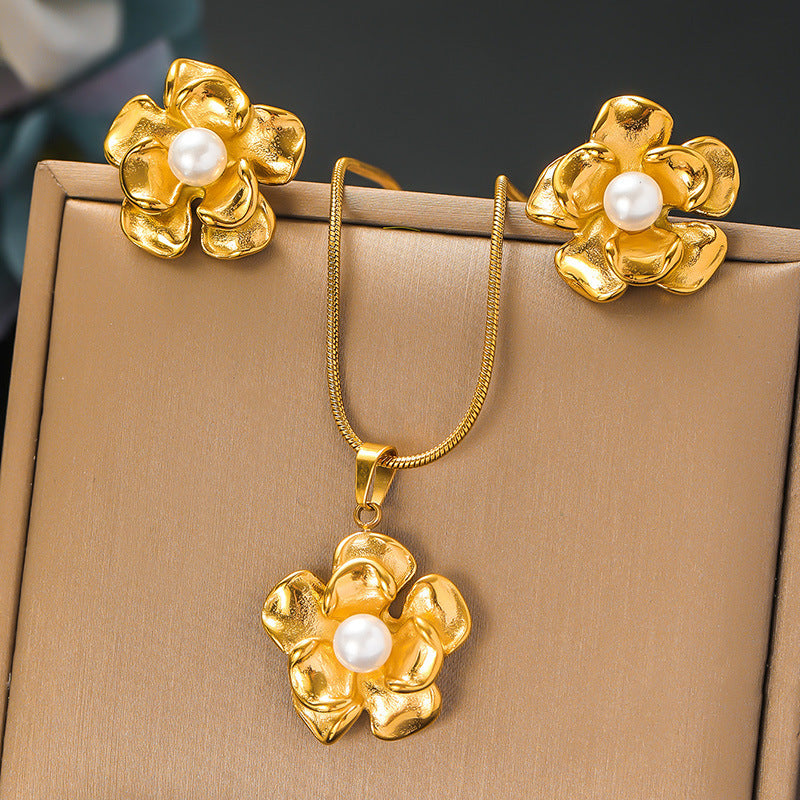 Vintage Floral Geometric Pearl Plated Stainless Steel Necklace Earring Set with Snake Chain