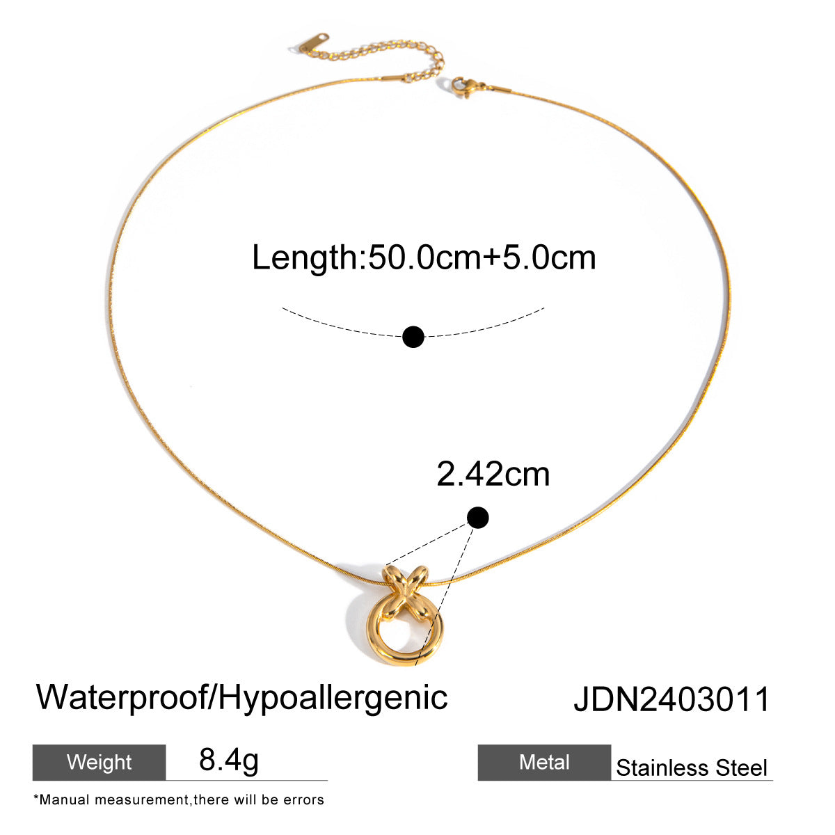 Collana con ciondolo a croce, perla e motivo "XO" placcata in oro 18K su acciaio inossidabile, catena a serpente, alla moda