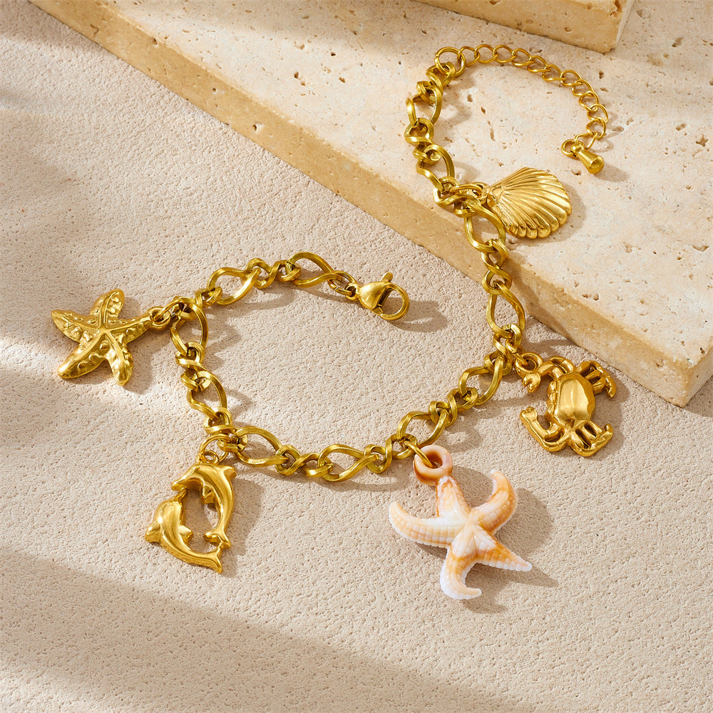 Stainless Steel Plated Animal Starfish Crab Dolphin Shell Pendant Chain Bracelet for Women