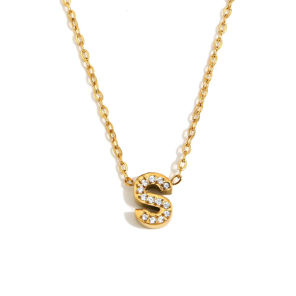 Minimalist Fashion Letter Pendant Necklace for Women Stainless Steel with 18K Gold Plating and Rhinestone Inlay