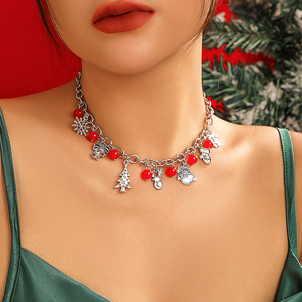 Collar Colgante Redondo Minimalista Rojo para Mujer con Motivos de Campana Navideña y Caja de Regalo, Aleación, Galvanizado, Diseño Geométrico