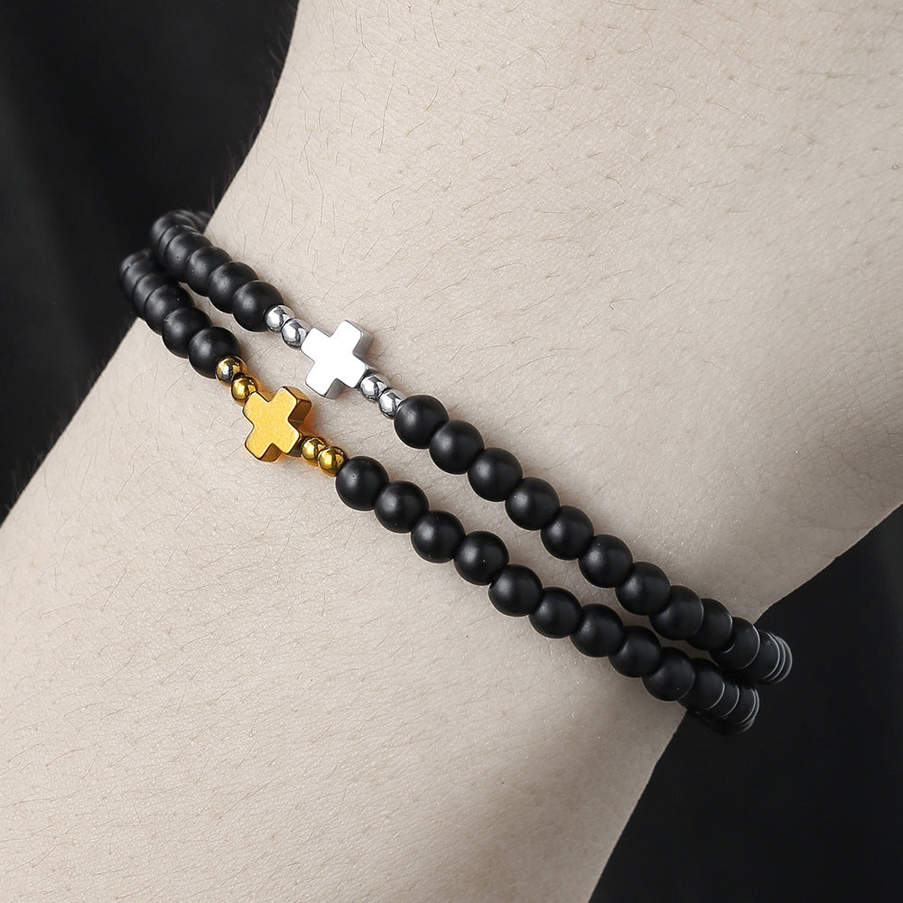Hip-hop Handmade Geometric Cross Round Hematite Bracelet Set for Unisex