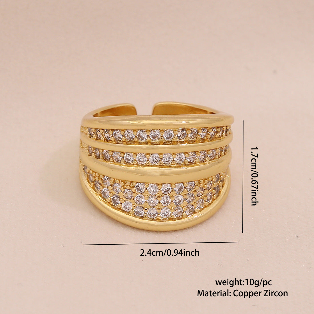 Fashionable Geometric Women's Adjustable Ring in Copper with Zircon Inlay and Linear Design