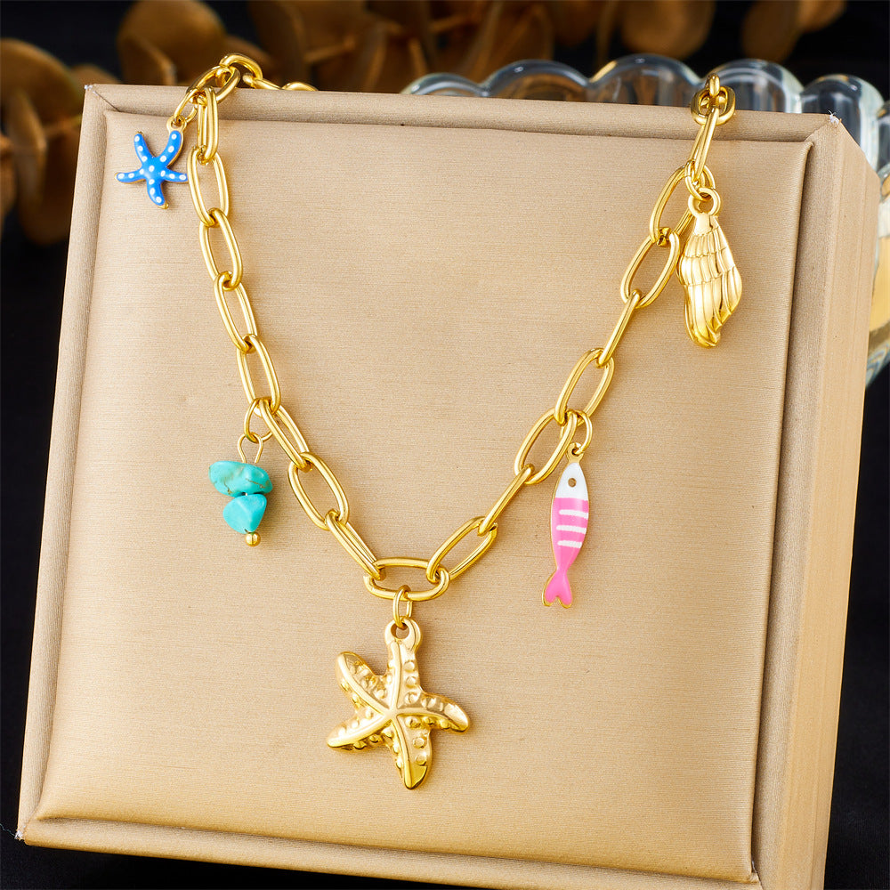 Elegant Stainless Steel Drip Oil Moon Sun Flower Pendant Necklace with Cable Chain for Women