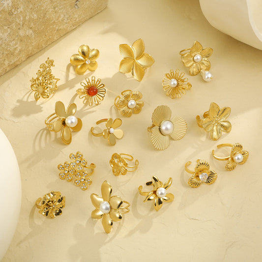 Luxury Style Floral Pearl Stainless Steel Ring for Women with Plated Finish and Adjustable Band