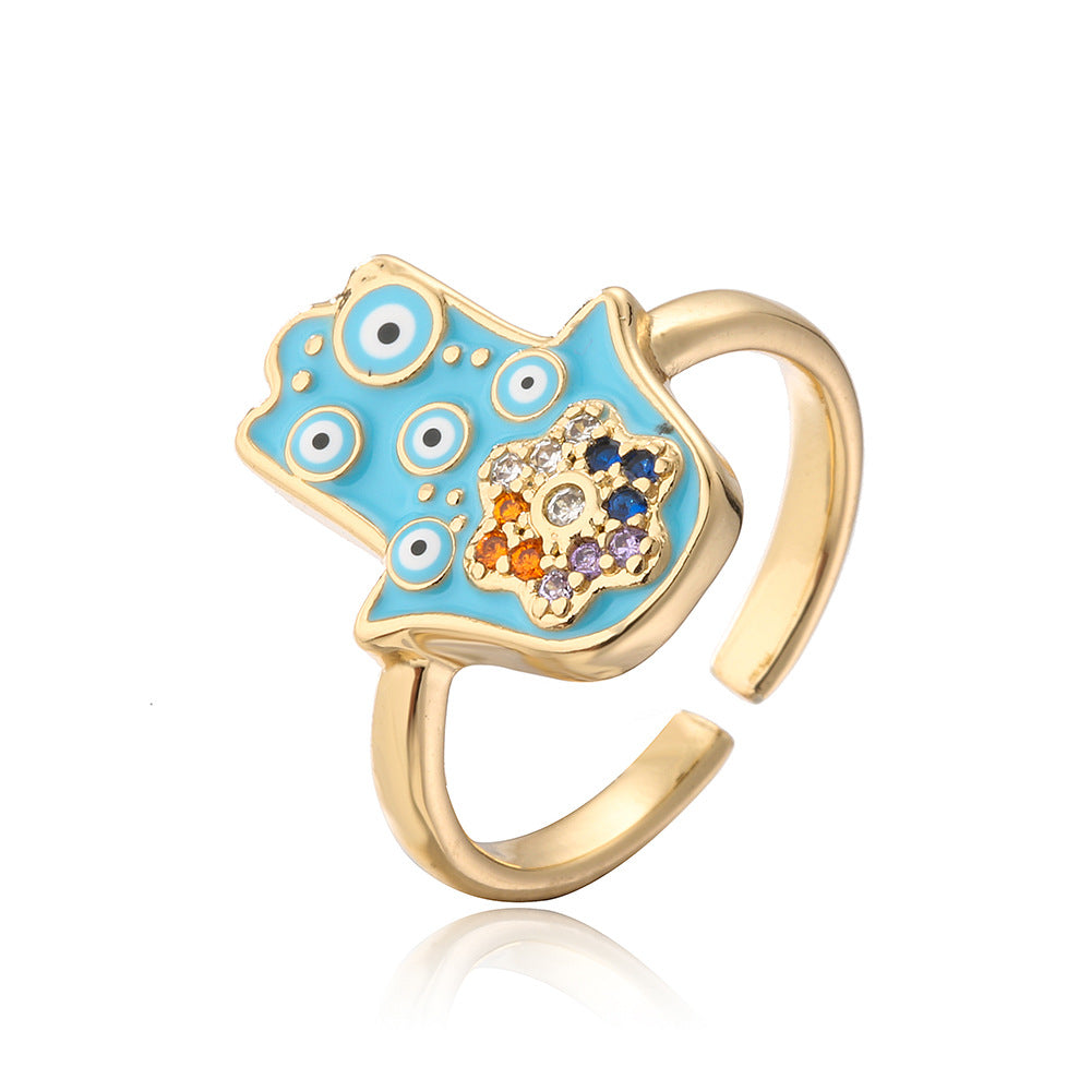 Ins Style Geometric Shaped Copper Ring with Gold Plating and Enamel Evil Eye and Hamsa Hand Design