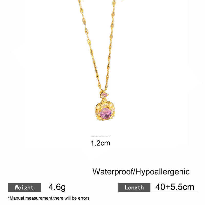 Luxury Minimalist Geometric Round Gemstone Inlay Titanium Steel Necklace with Brass Pendant