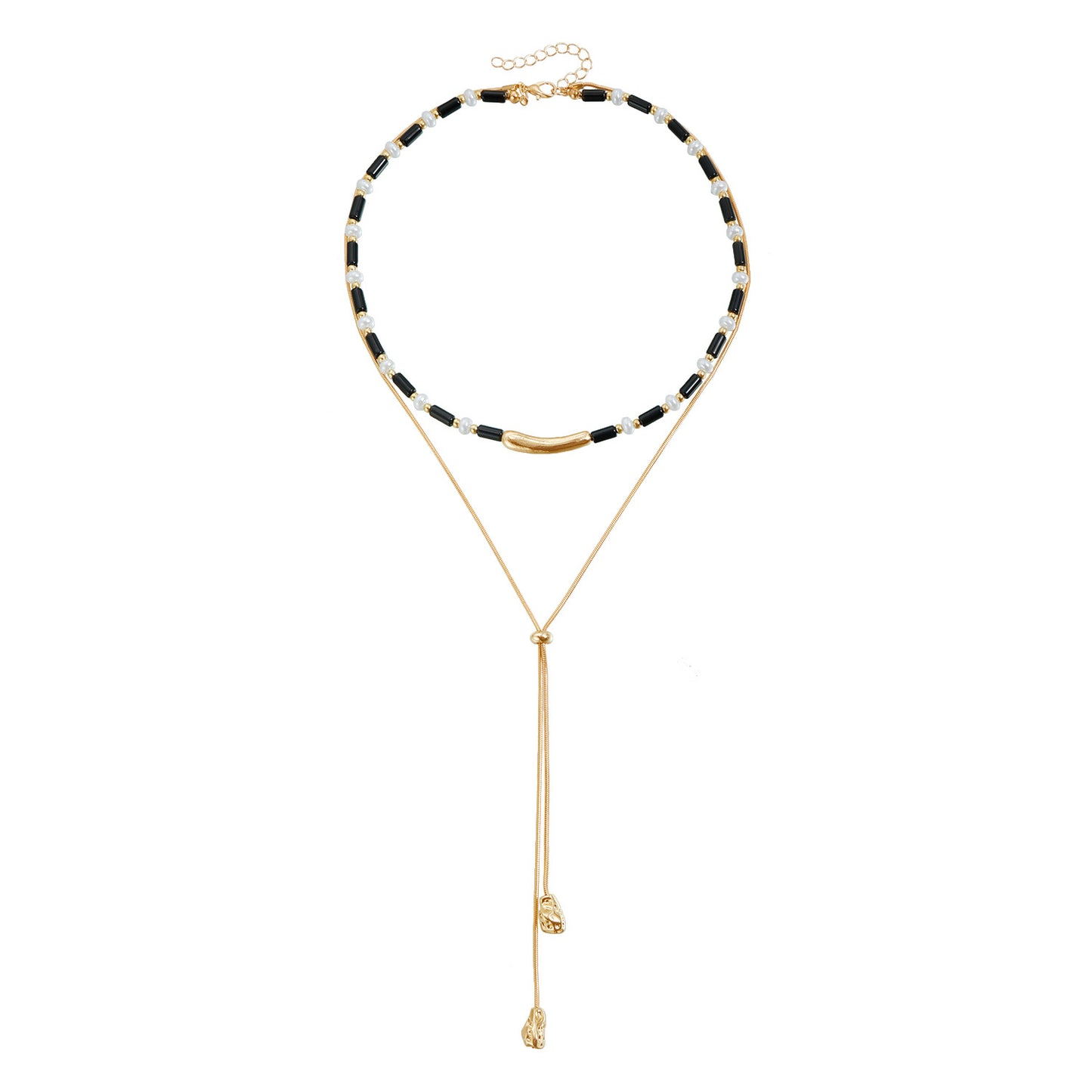 Vintage Geometric Alloy Plated Black Bead Pearl Spliced Long Necklace for Women