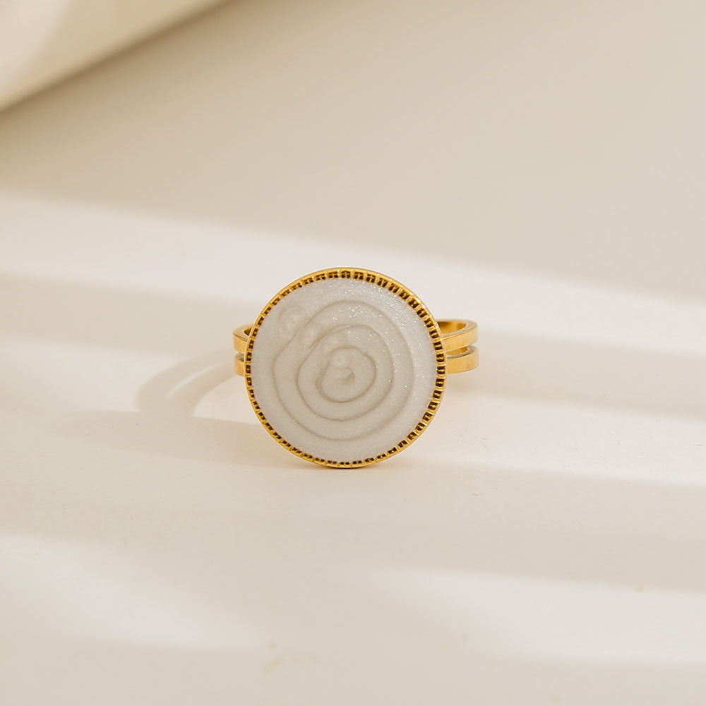 Anello geometrico rotondo in acciaio al titanio con smalto bianco e nero, regolabile, in stile vintage