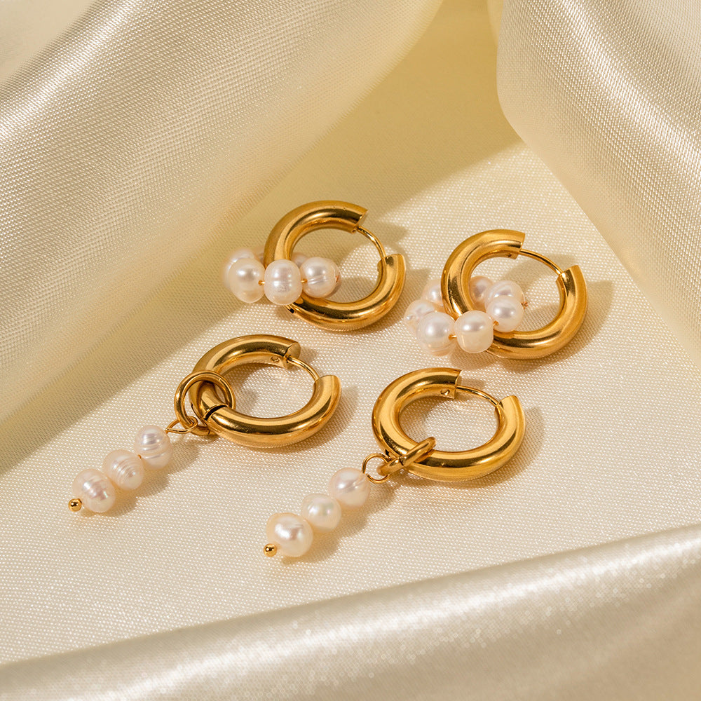 Orecchini a Cerchio Pendenti con Perle d'Acqua Dolce Ovali Asimmetriche in Acciaio Inossidabile con Placcatura in Oro 18K