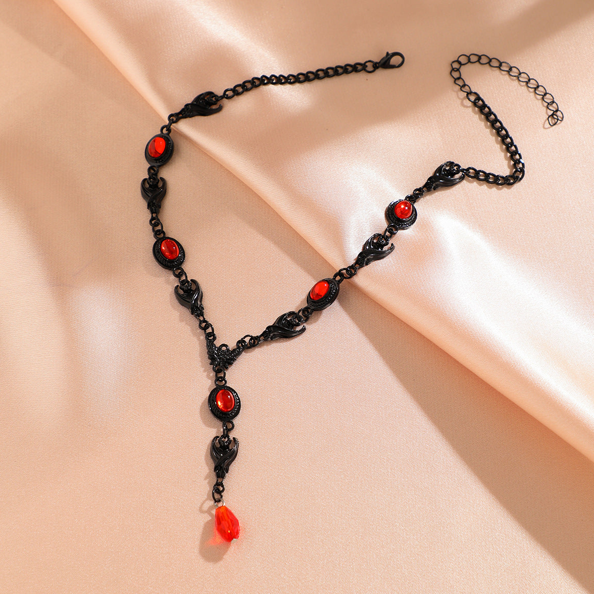 Sweet and Edgy Halloween Bat Pendant Necklace for Women with Rhinestone-Dripping Red Gemstone Design, Alloy Drop Shape Pendant on Handmade Chain