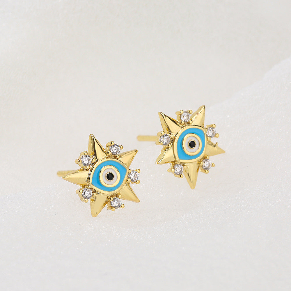 Geometric Earrings for Women with Copper Base Plated in 18K Gold and Enamel-Finished Zirconia Eye Accents