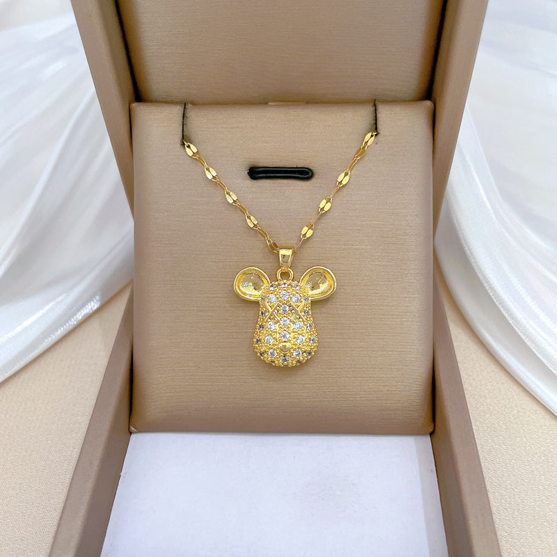 Collar con Colgante Minimalista Geométrico de Cabeza de Ratón de Acero Titanio con Incrustaciones Completas de Diamantes de Imitación para Mujeres y Hombres