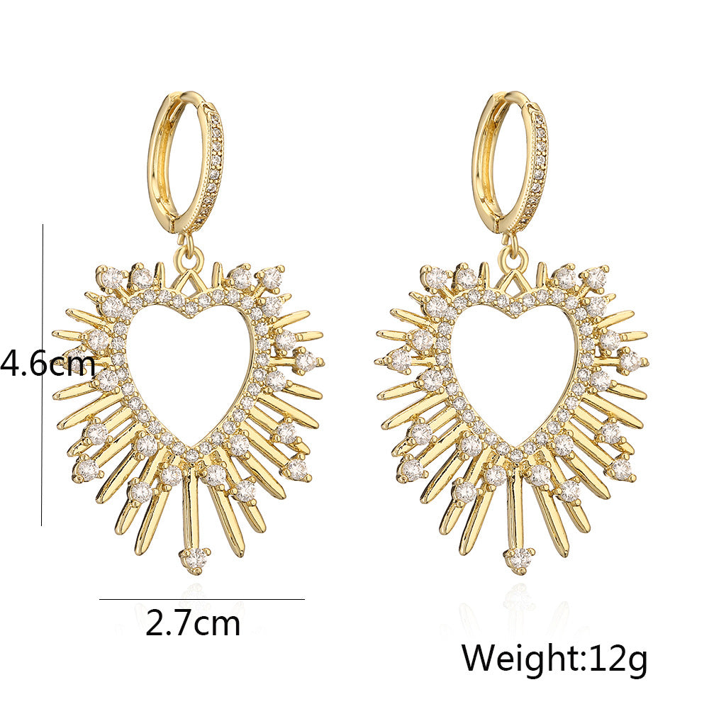 Orecchini pendenti minimalisti a cuore in rame placcato oro 18 carati con intarsio di zirconi per donna