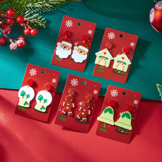 Pendientes acrílicos de ciervos y campanas de Navidad para mujer con diseño navideño impreso