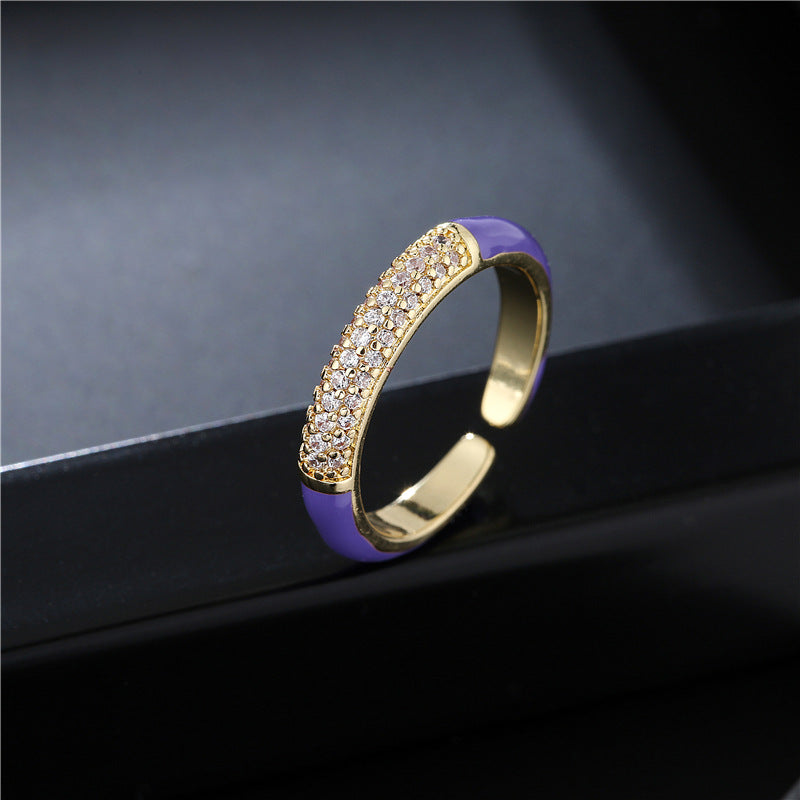 Geometric Micro-pave Cubic Zirconia and Drip Oil Brass Ring for Women