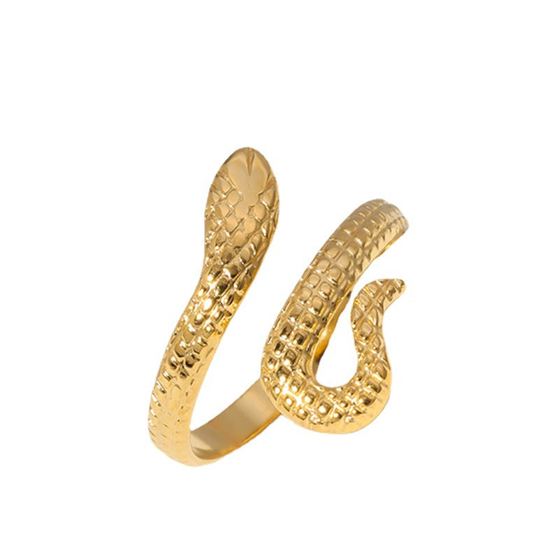 Anello aperto a serpente minimalista in acciaio inossidabile da donna con finitura placcata
