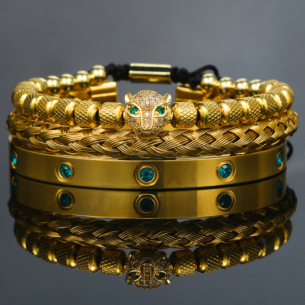 Vintage Geometric Leopard Head Micro-inlaid Cubic Zirconia Woven Stainless Steel Bracelet Set