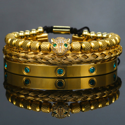 Vintage Geometric Leopard Head Micro-inlaid Cubic Zirconia Woven Stainless Steel Bracelet Set