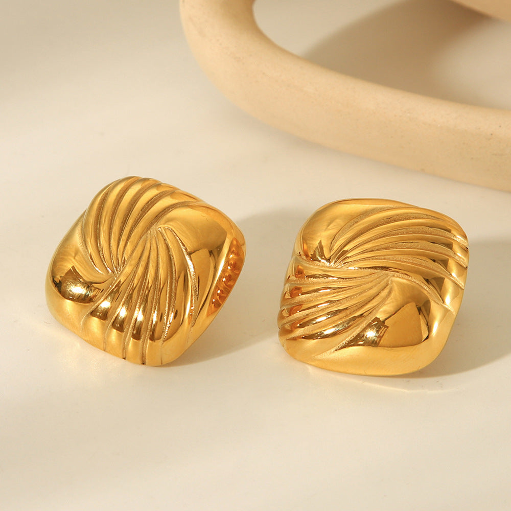 Geometric Square Titanium Steel Earrings with 18K Gold Plating and Wavy Texture for Women