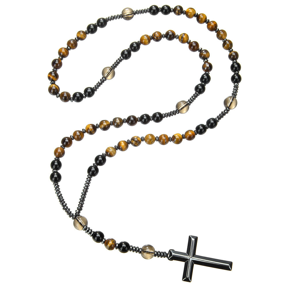 Men's Cross Pendant Necklace with Stone Beads and Alloy Cross Charm