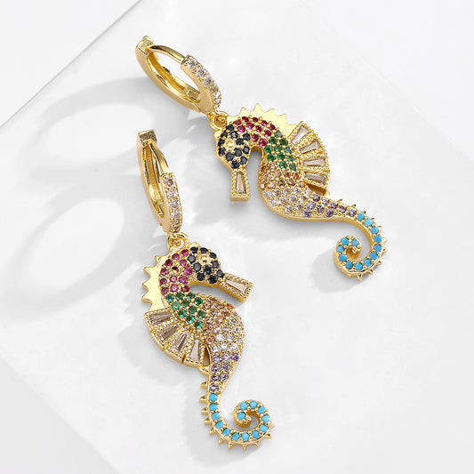 Minimalist Seahorse-Shaped Copper Earrings with 18K Gold Plating and Zircon Accents for Women