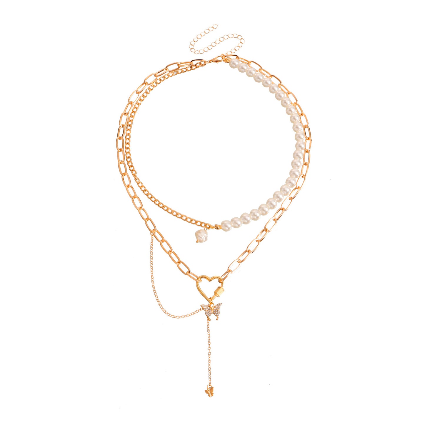 Retro Rustic Geometric Heart and Butterfly Pendant Necklace with Pearl-Like Beaded Chain in Alloy with Plating Finish