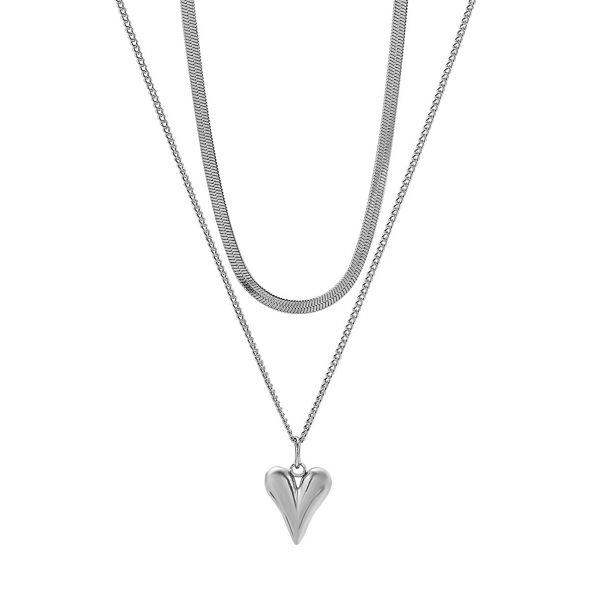 Collar de acero inoxidable con colgante en forma de corazón, dulce y atrevido, con acabado chapado para mujer, cadena de serpiente de doble capa