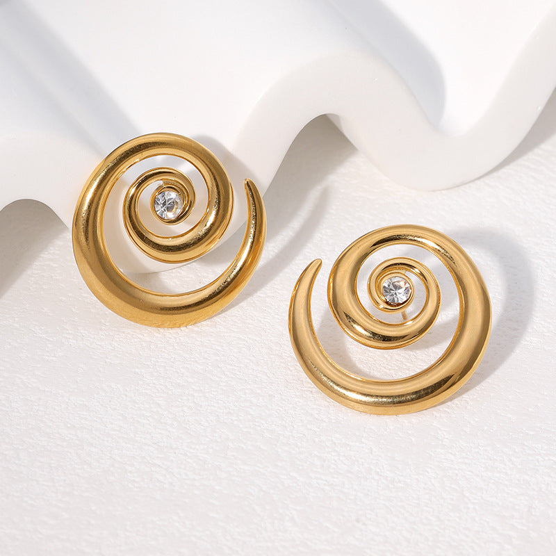 Minimalist Geometric Stainless Steel Earrings with 18K Gold Plating and Rhinestone Accents for Women