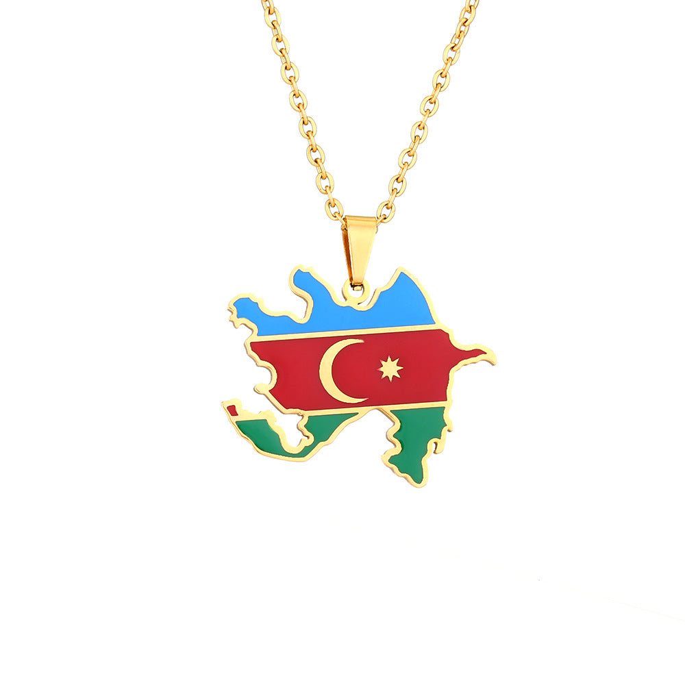 Collar con colgante de mapa y bandera de Azerbaiyán de acero de titanio esmaltado geométrico vintage étnico con cadena O para mujer