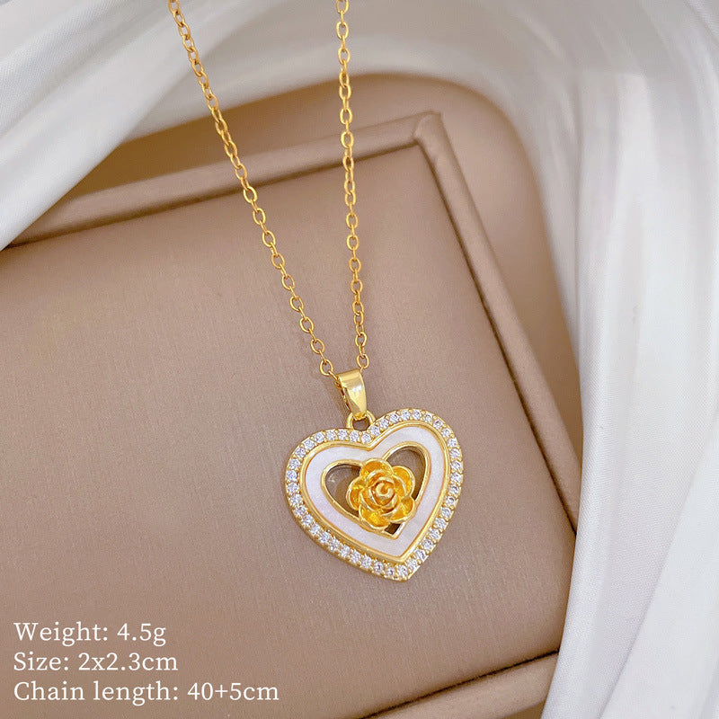 Sweet Elegant Heart Rose Shell Rhinestone Pendant Titanium Steel Necklace for Women