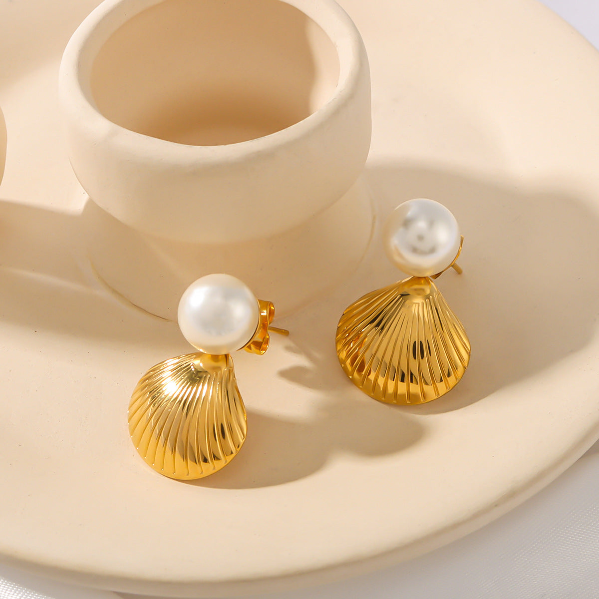 Minimalist Geometric Pearl and Shell Stud Earrings for Women in Stainless Steel with 18K Vacuum Plating