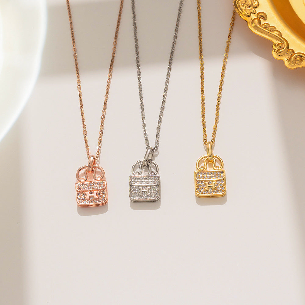 Natural and Fresh Sweet Minimalist H-Shaped Pendant Necklace in Titanium Steel with Full Rhinestone Inlay, Waterproof Clavicle Chain for Women